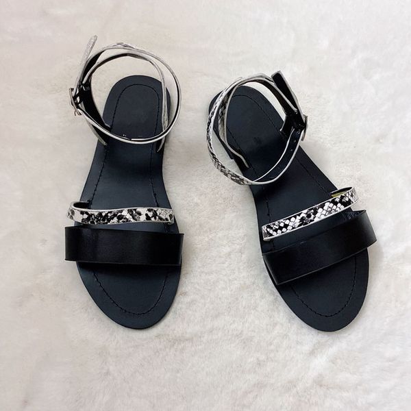 

Women Sandals Woman Snake Print Sexy Narrow Band Flats Female Ankle Buckle Fashion Shoes Womens 2021 Summer Footwear Plus Size, Black