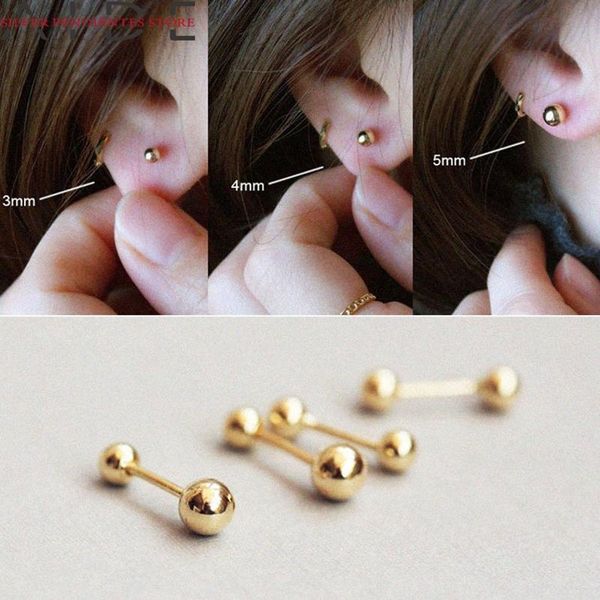 

stud aide 3/4/5mm 925 sterling silver buckle earrings female gold jewelry women double-headed round beads threaded, Golden;silver