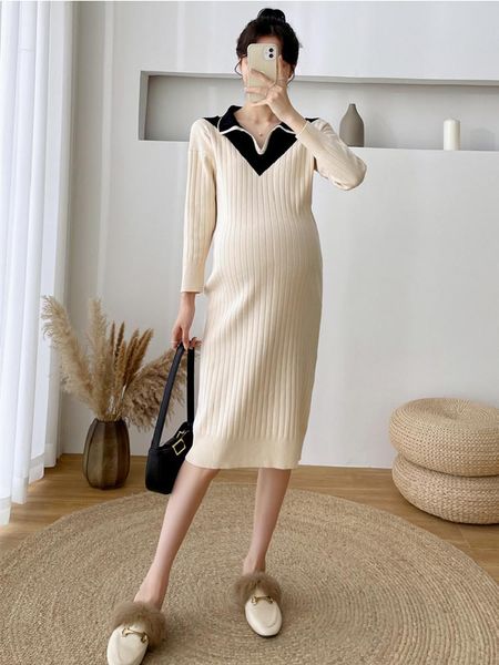 

maternity dresses knitwear dress v-neck elasticity pregnant long sleeve gown pography po shoot pregnancy clothes, White