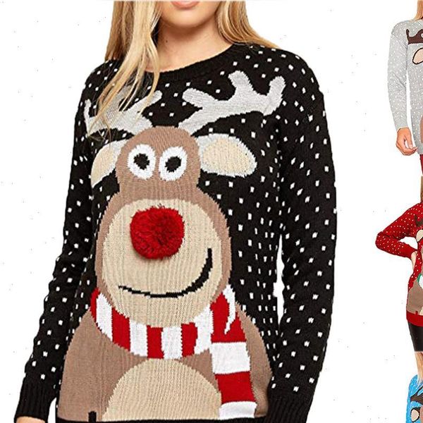 

womens sweater celebration christmas women deer warm knitted long sleeve jumper blouse winter coat, White;black