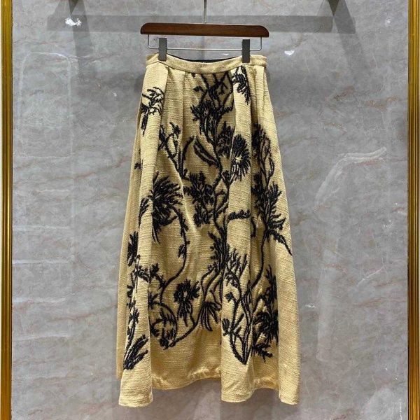 

skirts luxury mark embroidered silk maxi vintage runway fashion female skirts casual autumn came loose with pockets hgyx, Black