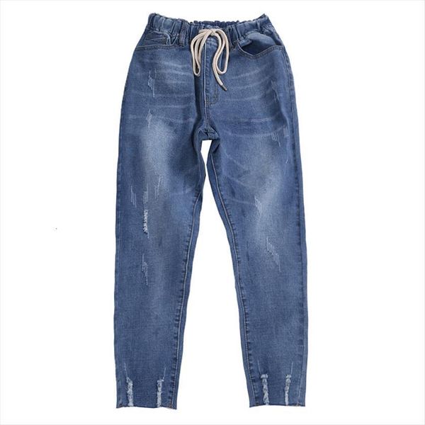 

denim elastic waist plus size women jean l 8xl loose brand european and american thin harem cropped pants, Blue