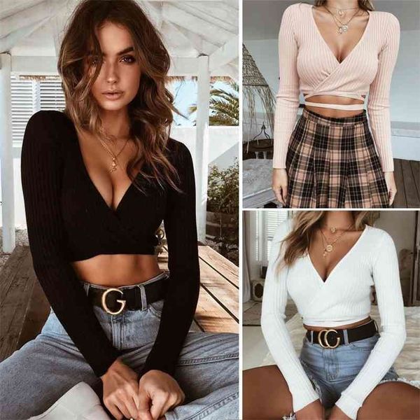 

summer women slim t-shirt black white khaki long sleeve t shirt cross v-neck crop 210324