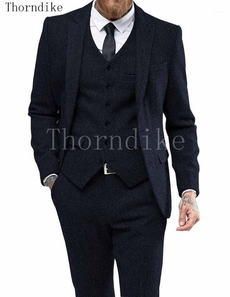 

men's suits & blazers thorndike formal lapel notch tweed business 3 piece herringbone tuxedos fit winter wedding groom (blazer+vest+pan, White;black