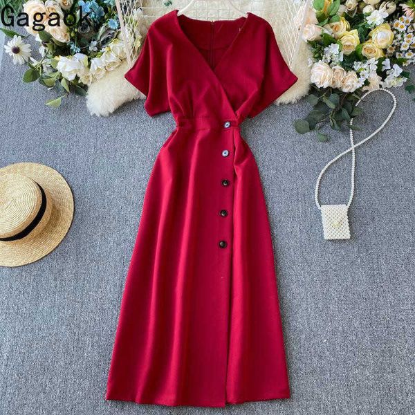 

women solid vintage dress spring autumn v-neck button mid-calf slim simple chic wild female fashion dresses 210531, Black;gray