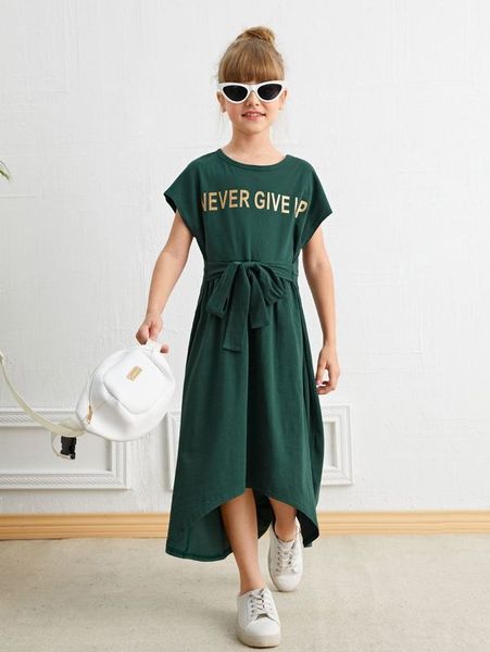 

girls slogan graphic tie front dress she, Red;yellow