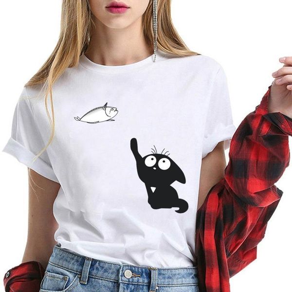 

hillbilly camisetas verano mujer men cat catching fish lovely cotton t shirts harajuku graphic tees chemise femme, White;black