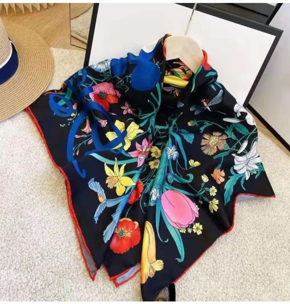 Luxo 100% seda lenço quadrado pashmina para mulheres designer de alta qualidade flor floral carta impresso cetim alfabeto lenços lenços anéis de pescoço 90x90 cm