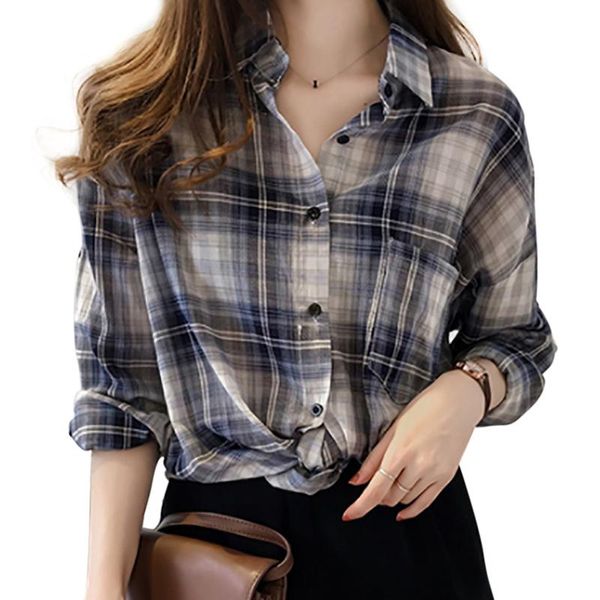 

women casual all-match plaid shirt long sleeve loose lightweight button-up blouse women's blouses & shirts, White