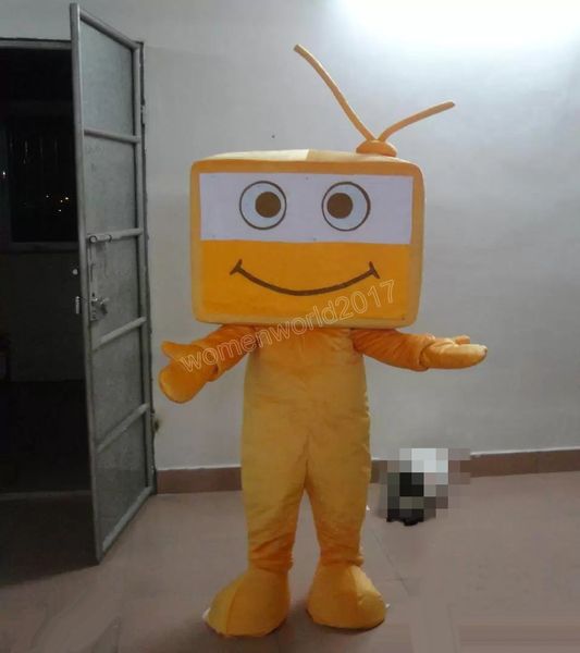 Halloween bonito tv amarelo mascote traje de alta qualidade personalizar desenhos animados anime tema caráter unisex adultos outfit natal carnaval fantasia vestido