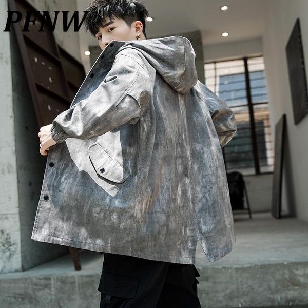 

men's jackets pfnw autumn tie dyed embroidered hoodies jacket cool tide loose chic single breasted pocketed letter printing 12x0130, Black;brown