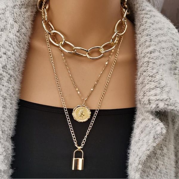

fashion metal multilayer necklace for women lady alloy lock coin pendant neck chains punk hip hop goth jewelry choker gift necklaces, Silver