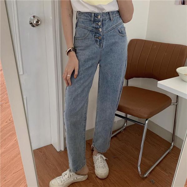

women's jeans bornsra 2021 summer high waist width legs loose streetwear casual straight softener ankle-length pants womens blue