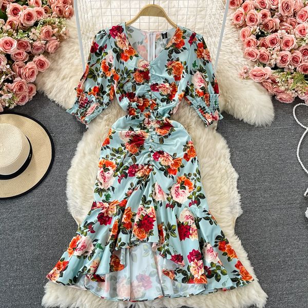 

summer women floral dress vintage v-neck short puff sleeve high waist ruffle mermaid vestidos elegant party robe female 2021 new, Black;gray