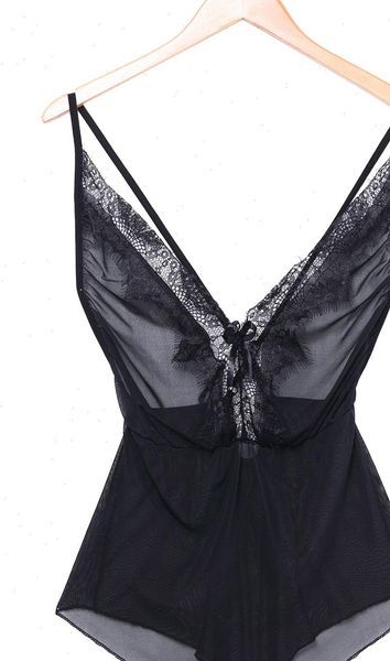 

fashion plus size womens sleepwears black lace stain intimate deep v neck back crossfit one pieces babydoll nightwear, Black;red