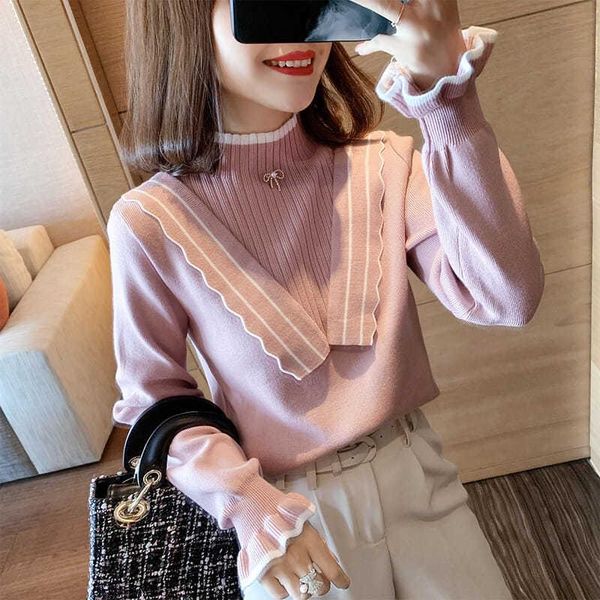 

women's sweaters semi turtleneck spring autumn slim lady temperament elegant ruffle bottomed pink white black feminine sweater