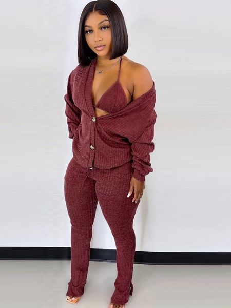 

women's two piece pants plus size knit set fashion v collar long sleeve button up + bra flared sets 3 knitted women tracksuit, White