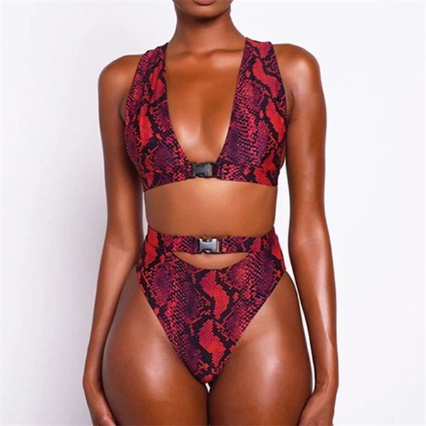 Schnalle Hohe Taille Bikini Set Afrikanische Bademode Frauen Badeanzug Sexy Red Snake Print Badeanzug Weibliche Bikinis Brasilianische 210611