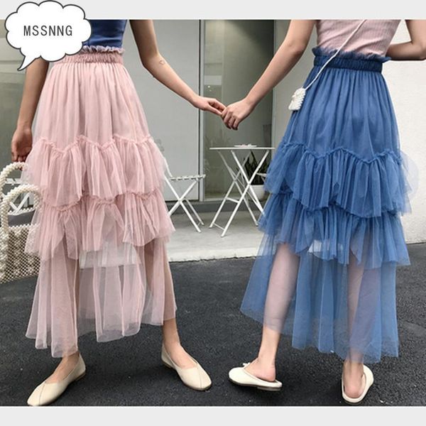 

skirts mssnng 2021 summer korean women's fashionwild mesh gauze stitching irregular skirt holiday very fairy two colors, Black