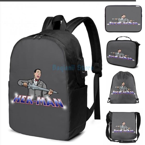 

funny graphic print pee wee her-man master of the playhouse usb charge backpack men school bags women bag travel laptop