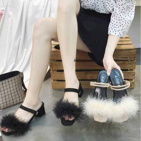 

sandals 100% real ostrich feather women shoes fur square heel lady dual use mujer wedges indoor slides plus size 34-44, Black