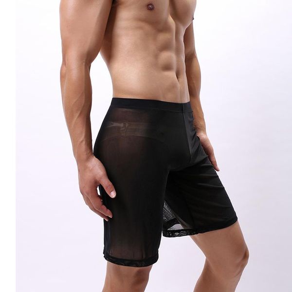 

men's sleepwear boxer men underwear mesh sleep bottoms pajama long leg underpants transparent panties shorts pouch boxershorts, Black;brown