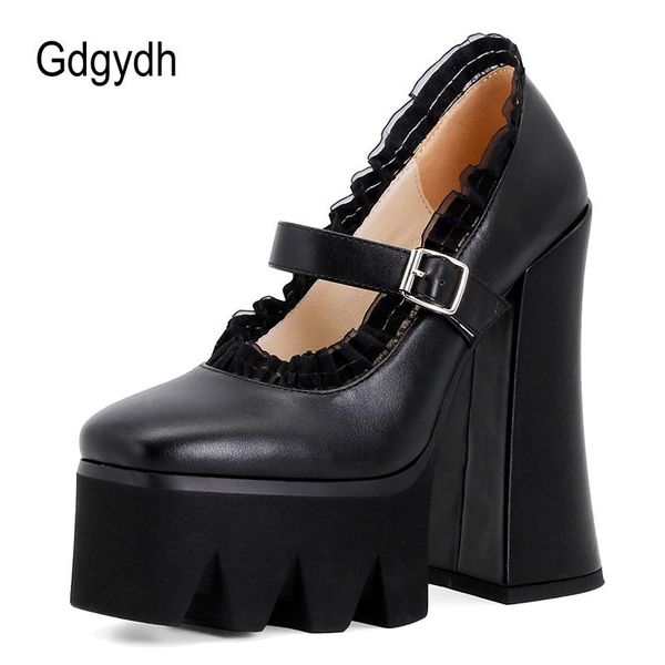 

dress shoes gdgydh block heel platform pumps women wedding girls sweet lolita ruffles high heels office plus size, Black