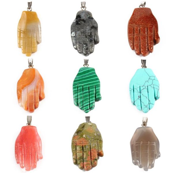 

charms natural stone agates tiger eye opal 12x55mm hand shape pendants for necklaces making wholesale all mixed material, Bronze;silver