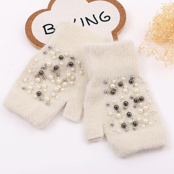 

five fingers gloves women fingerless winter guantes warm cashmere wool knitted fur pearl beaded female mitten half finger luvas, Blue;gray