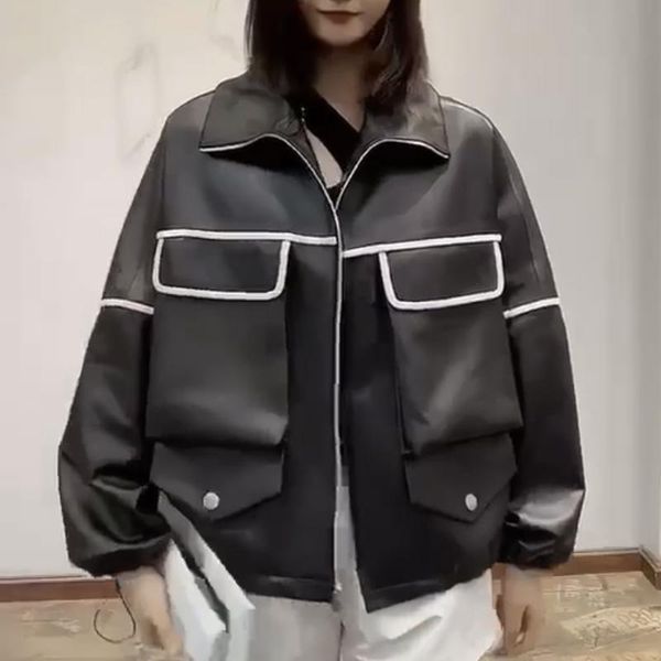 

women's leather & faux korean fashion real clothes for women ladies learher coats motorcycle genuine jacket womens sheepskin, Black