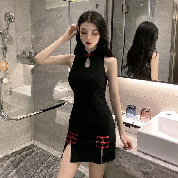 

casual dresses women trend summer collar sleeveless tight thin split cheongsam version vestido de mujer femme robe, Black;gray