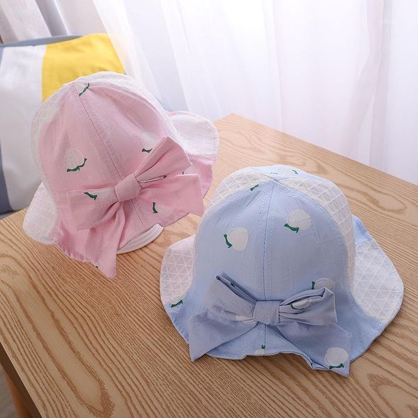 

spring summer baby bucket hat with big bow cute peach print girls sun outdoor beach breathable kids fisherman1, Yellow