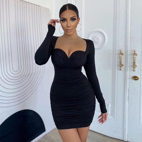 

casual dresses autumn party ladies long sleeve womens solid bodycon stretch mini dress clubwear slim pencil short vestido, Black;gray