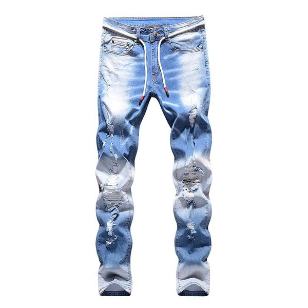 

men's jeans spring light blue cat-whisker high-stretch slim-fit holes in the knee