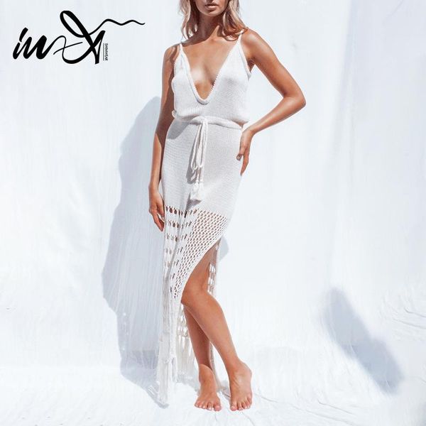

women's swimwear in-x deep v neck beach dress women crochet swimsuit cover ups plus size tassel wear tunic xl xxl xxxl, White;black