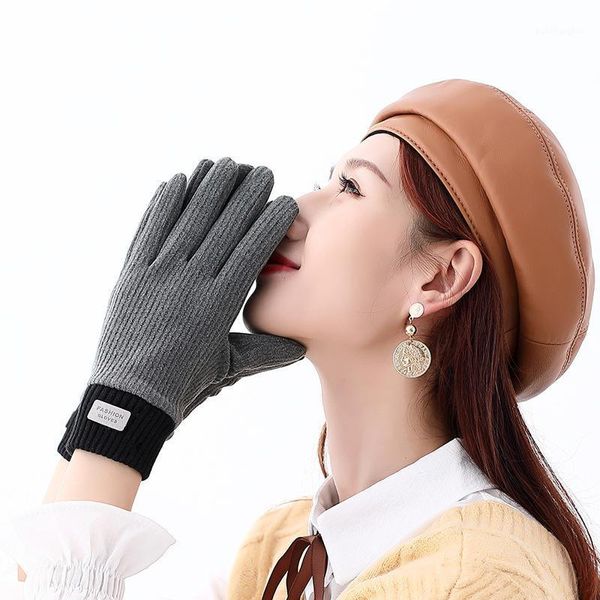 Fünf Finger Handschuhe 2022 Frauen Winter Gestrickte Koreanische Sport Touchscreen Handschuhe Samt Dicke Warme Volle Finger Fahren Winddichte Fäustlinge