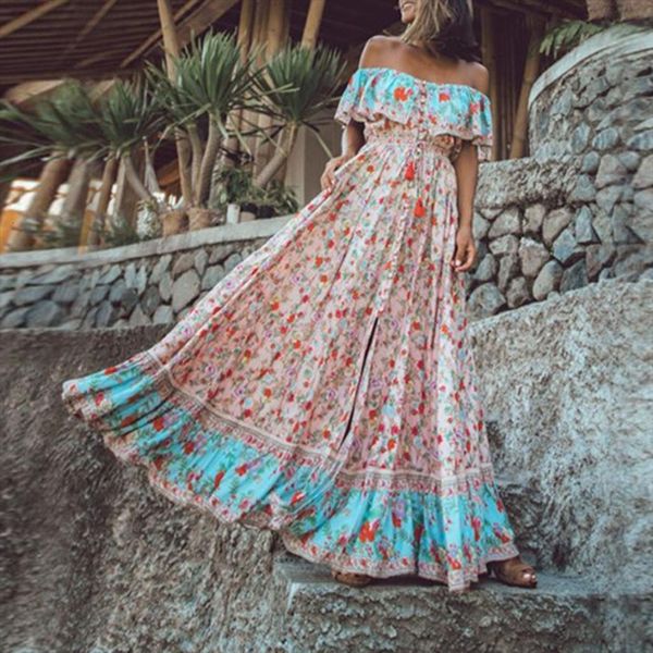 

vintage floral print maxi women dress off shoulder tunic long summer boho elegant beach sash vestidos t2q, Black;gray