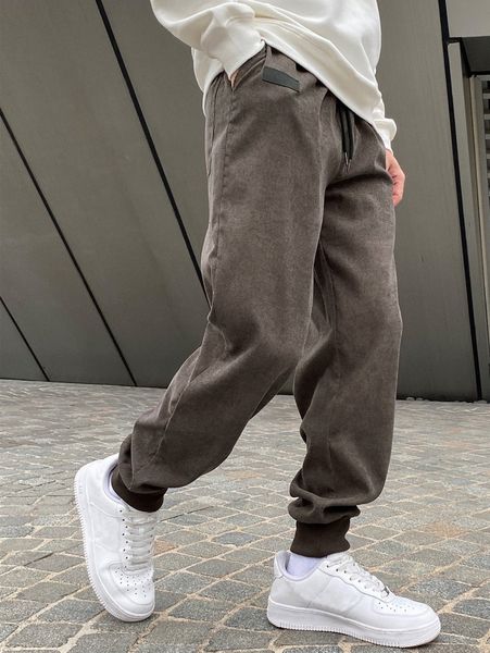 

men solid drawstring patched jogger pants l1k4#, Black