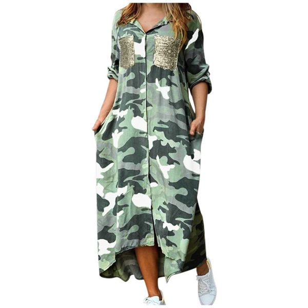 

casual dresses camouflage print shirt maxi dress elegant turn-down collar long sleeve party women sequin pocket loose robe yl, Black;gray