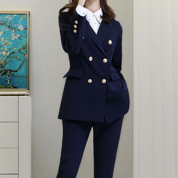 

fashion women blazer suits long sleeve double- breasted pants suit office ladies two-piece sets 2021 spring autumn women's two piece, White