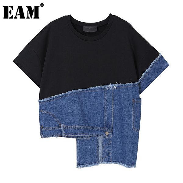 

women's t-shirt [eam] women denim pocket irregular big size blue round neck short sleeve fashion tide spring summer 2021 1dd6106, White