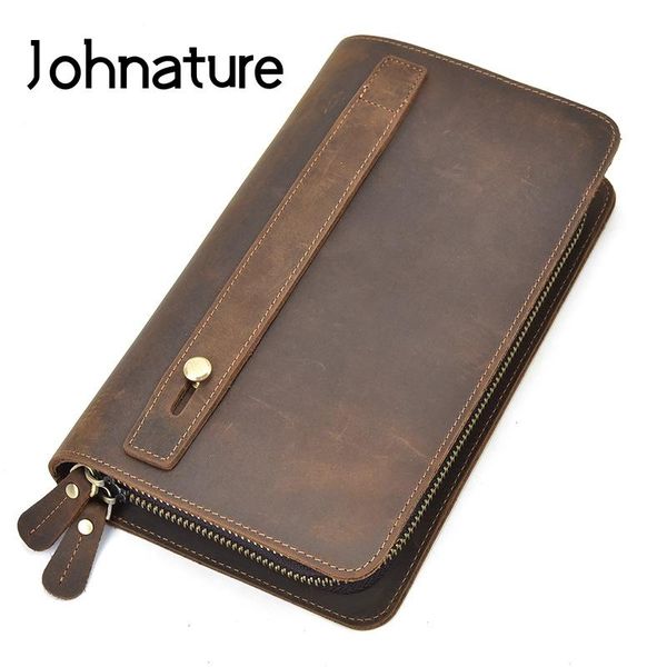 

wallets johnature 2021 retro men clutch crazy horse leather solid double zipper multi-card position long wallet card holder, Red;black