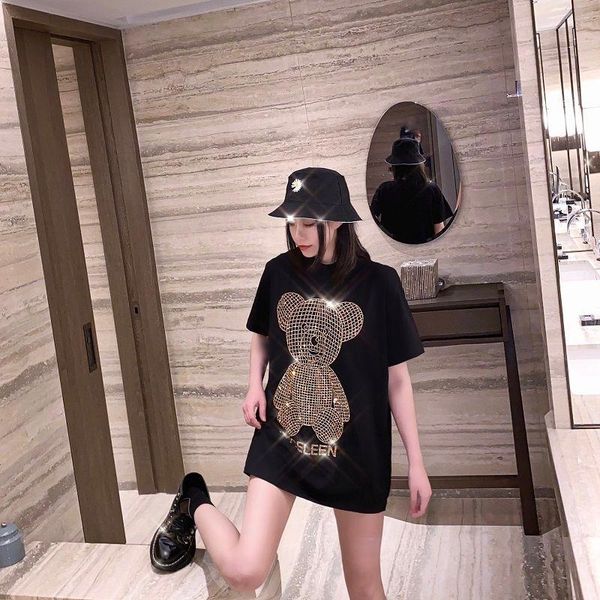 

women's t-shirt 2021 summer casual loose oversized t shirt women cartoon rhinestones shirts bear design short sleeves, White
