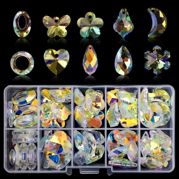 

charms 50pcs/box shiny ab austrian crystal teardrop pendant mixed shape glass beads love heart diy making charm earing necklace jewelry, Bronze;silver