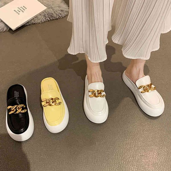 

slippers thicken soled metal chain mules women slippers flip flops summer platform shoes woman sandalias creepers cover toe slides, Black