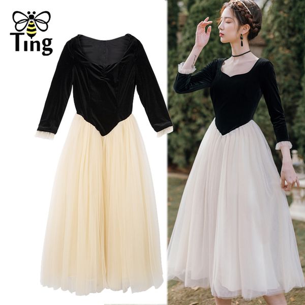 

victorian vintage elegant velvet patchwork mesh a line dress retro ballet swan midi long dresses vestidos soft girl robe 210513, Black;gray