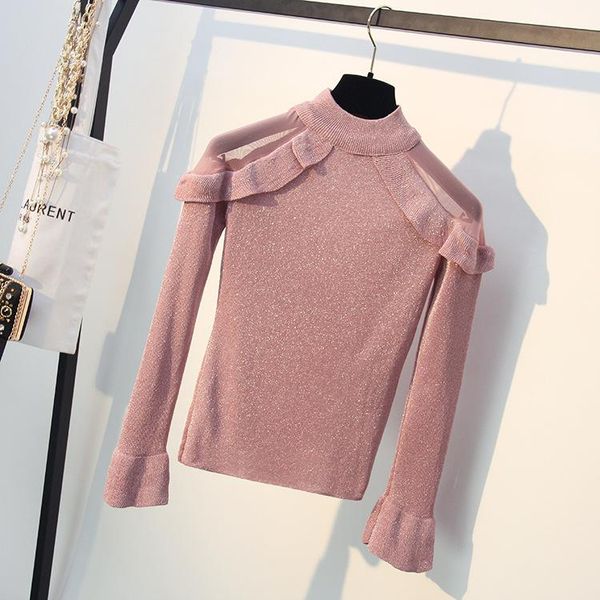 

women's sweaters mesh sleeve lurex women 2021 pullovers off shoulder knitting shirts ladies pink black white knitwear, White;black