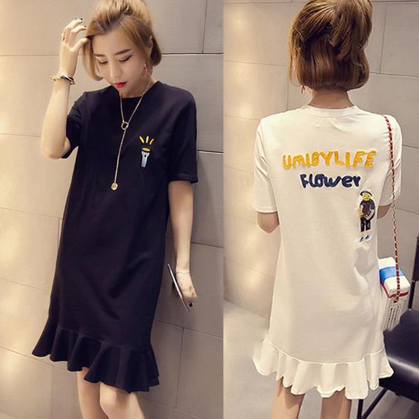 

maternity dresses korean dress ladies casual short-sleeved embroidered mid-length bottoming shirt ruffle long printed loose knee dres, White