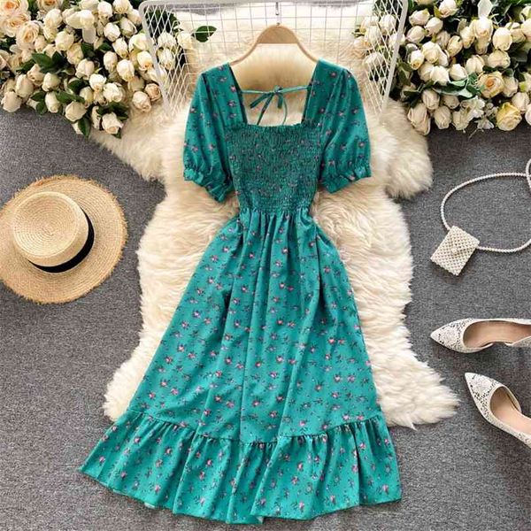 

women's summer fashion sweet square neck stretch slim ruffle holiday a-line dress print short sleeve clothes vestidos r953 210527, Black;gray