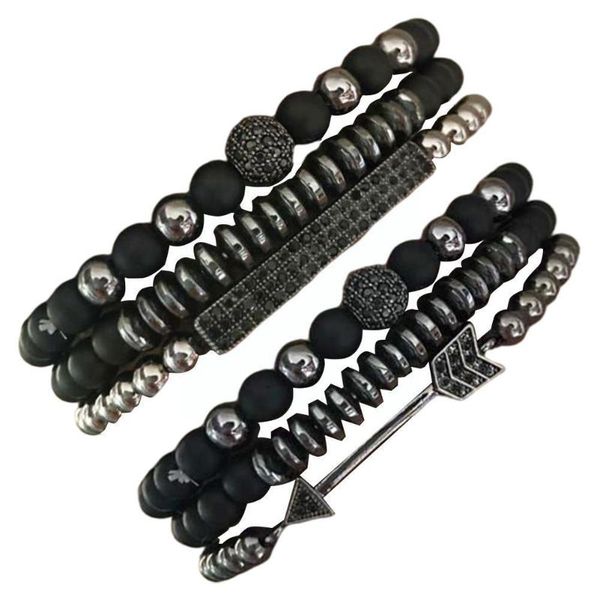 

tennis 3pcs/set crown bracelet black matte onyx stone beads erkek bileklik men heren jewellery armband braclets accessories handmade, Golden;silver